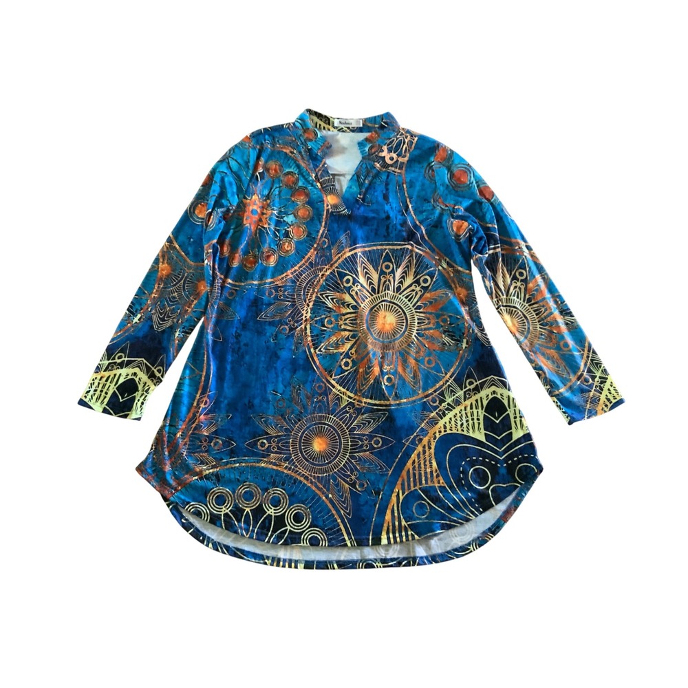Nextmia Womens Blue Gold Mandala Print V-Neck Tunic Top Long Sleeve Plus Size 20